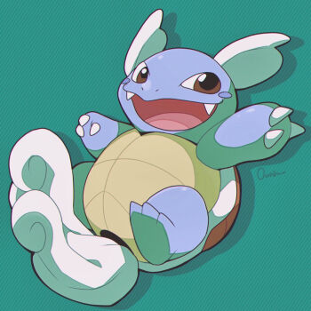 absurdres blush_stickers brown_eyes claws commentary_request fangs full_body gen_1_pokemon highres looking_at_viewer nintendo no_humans open_mouth ouran pokemon pokemon_(creature) signature solo wartortle