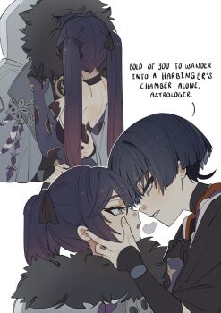 1boy 1girl aiguillette aqua_eyes armor bare_shoulders black_bow black_choker black_gloves black_kimono black_sleeves bodystocking borrowed_clothes bow breasts bright_pupils choker coat colored_inner_hair couple detached_sleeves english_text eye_contact face-to-face facing_another fatui_coat fatui_logo fingernails fur-trimmed_coat fur-trimmed_hood fur_trim genshin_impact gloves gold_trim gradient_hair grey_eyes grey_hair hair_bow half-closed_eyes hand_on_another&#039;s_back hand_on_another&#039;s_chest hand_on_another&#039;s_face hand_on_another&#039;s_hip hetero highres hood hood_up hug japanese_armor japanese_clothes juban kimono kote kurokote lapels leotard long_hair looking_at_another medium_breasts mona_(genshin_impact) multicolored_hair multiple_views open_hand open_mouth pink_hair purple_leotard purple_rope purple_sleeves red_kimono rope scaramouche_(genshin_impact) sequential shimenawa short_sleeves shoulder_blades steam strapless strapless_leotard tsurime twintails white_background white_coat white_hood white_kimono white_mouth white_pupils white_rope winter_clothes winter_coat ysnden