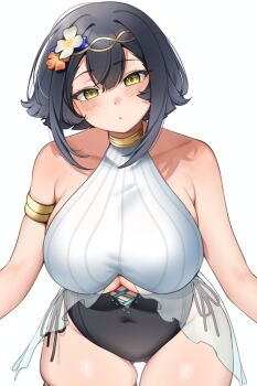 1girl :o absurdres amber_(stella_sora) arm_out_of_frame armlet armpit_crease bare_shoulders black_hair black_one-piece_swimsuit blush bracelet breasts clothing_cutout commentary_request covered_navel cowboy_shot f7k_x5 flower hair_between_eyes hair_flower hair_ornament hairband highres huge_breasts jewelry looking_at_viewer medium_hair official_alternate_costume one-piece_swimsuit phone sidelocks simple_background skindentation solo stella_sora swimsuit thighs two-tone_one-piece_swimsuit underboob underboob_cutout white_background white_flower yellow_eyes