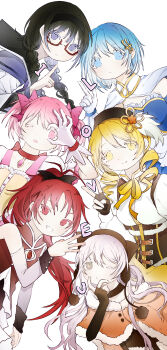 6+girls :o akemi_homura akemi_homura_(magical_girl) animal_ear_headwear animal_ears antenna_hair bare_shoulders beanie beret black_bow black_capelet black_choker black_hair black_hairband black_hat black_shirt blonde_hair blue_eyes blue_hair blue_shirt bow bow_choker braid brown_corset brown_gloves buttons cape capelet cat_ears center_frills chest_jewel choker cleavage_cutout cloak closed_mouth clothing_cutout collarbone collared_cape collared_capelet collared_dress collared_shirt colored_eyelashes commentary corset cowboy_shot crop_top detached_sleeves dot_nose dress drill_hair earflap_beanie elbow_gloves expressionless fake_animal_ears fingerless_gloves flower_hairpin fortissimo frilled_dress frilled_shirt frilled_sleeves frills fur-trimmed_cloak fur_trim gem glasses gloves grey_eyes grin hair_between_eyes hair_bow hair_ornament hair_over_shoulder hair_through_headwear hairband hairclip hand_on_own_chin hat hat_feather highres kaname_madoka kaname_madoka_(magical_girl) layered_sleeves light_blush light_frown long_hair long_sleeves low_twin_braids magical_girl mahou_shoujo_madoka_magica mahou_shoujo_madoka_magica:_hangyaku_no_monogatari miki_sayaka miki_sayaka_(magical_girl) momoe_nagisa momoe_nagisa_(magical_girl) multiple_girls musical_note musical_note_hair_ornament neck_ribbon ok_sign ok_sign_over_eye one_eye_closed open_mouth orange_cloak orange_gemstone parted_lips pink_bow pink_dress pink_eyes pink_gemstone pink_hair pleated_skirt pointing pointing_up pom_pom_(clothes) ponytail puffy_long_sleeves puffy_short_sleeves puffy_sleeves purple_capelet purple_eyes red-framed_eyewear red_bow red_choker red_dress red_eyes red_gemstone red_hair ribbon sakura_kyoko sakura_kyoko_(magical_girl) shirt shirt_under_dress short_hair short_sleeves short_twintails simple_background skirt sleeveless sleeveless_dress smile square_neckline suspenders tareme tomoe_mami tomoe_mami_(magical_girl) tsurime twin_braids twin_drills twintails two-tone_capelet two-tone_shirt two_side_up upper_body v very_long_hair wavy_hair white_background white_cape white_dress white_gloves white_hair white_shirt white_sleeves winbow yellow_eyes yellow_ribbon yellow_skirt