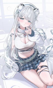 1girl absurdres bare_shoulders belt blue_eyes blue_skirt breasts cleavage cleavage_cutout clothing_cutout collar commentary_request crop_top extra_ears fur_trim grin hat heart heart_cutout heart_o-ring highres indie_virtual_youtuber jacket karya large_breasts long_hair looking_at_viewer loose_belt midriff miniskirt mole mole_under_eye navel o-ring off_shoulder plaid_clothes plaid_skirt ren_kohaku_(vtuber) ribbed_shirt shirt skindentation skirt smile snow_leopard_ears snow_leopard_girl snow_leopard_tail solo thigh_strap thighs very_long_hair virtual_youtuber white_collar white_hair white_hat white_jacket white_shirt