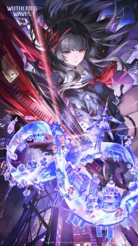 1girl absurdres arm_cutout black_hair black_serafuku black_shirt black_skirt chisa_(wuthering_waves) clothing_cutout copyright_notice hair_ribbon highres holding holding_sword holding_weapon logo long_hair long_sleeves mole mole_under_eye namipon_(wuthering_waves) neckerchief official_art parted_lips people red_eyes red_neckerchief red_ribbon ribbon sailor_collar school_uniform serafuku shirt skirt sword tacet_mark_(wuthering_waves) thigh_strap weapon white_sailor_collar wuthering_waves