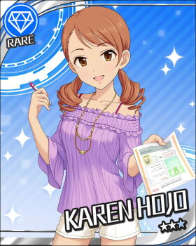 1girl card_(medium) english_text game_asset gem hojo_karen holding idolmaster idolmaster_cinderella_girls jewelry low_twintails necklace official_art open_mouth orange_eyes orange_hair paper pen short_shorts shorts solo star_(symbol) twintails