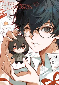 Rule 34 | 1boy, akechi gorou, amamiya ren, black-framed eyewear, black eyes, black hair, character doll, character name, commentary, doll, english commentary, english text, fingernails, glasses, grin, hair between eyes, hands up, highres, holding, holding doll, looking at viewer, male focus, objectification, persona, persona 5, portrait, ppeko0602, red ribbon, ribbon, shirt, short hair, smile, white shirt, wing collar