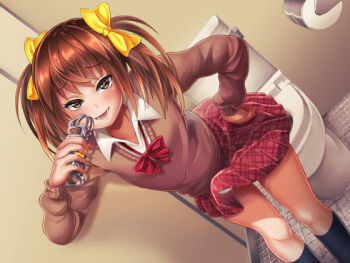 1boy :d artist_request bathroom black_socks blush bow brown_cardigan brown_eyes brown_hair bulge cardigan chastity_cage crossdressing crossdressing_(mtf) dutch_angle erection erection_under_clothes furrowed_brow hair_bow hand_on_own_hip hand_up holding_chastity_cage indoors kneehighs lock long_sleeves looking_at_viewer lower_teeth_only male_focus medium_hair open_mouth original padlock padlocked_chastity_cage panties panty_peek plaid_clothes plaid_skirt pleated_skirt red_bow red_skirt revealing_chastity_cage sanpaku school_uniform sidelocks skirt smile socks solo standing teeth tile_floor tiles toilet toilet_paper toilet_stall trap twintails undershirt underwear unworn_chastity_cage white_panties wing_collar yellow_bow