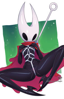 1girl anus anus_peek arthropod_girl bdsm between_labia black_skin blush breasts cloak cloak_lift colored_skin highres hollow_eyes hollow_knight hollow_knight:_silksong horned_mask hornet_(hollow_knight) kajin_(kajinman) knees_apart_feet_together light_areolae looking_at_viewer mask needle_(hollow_knight) presenting pussy pussy_peek red_cloak shibari small_breasts solo thread weapon weapon_on_back white_mask