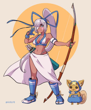 Rule 34 | 1girl, absurdres, arrow (projectile), bikini, blue eyes, blue gloves, bow (weapon), breasts, cleavage, closed mouth, commentary, dark-skinned female, dark skin, english commentary, eyepatch, full body, gloves, guolfo, highleg, highleg bikini, highres, holding, holding bow (weapon), holding weapon, long hair, majikina mina, medium breasts, navel, partially fingerless gloves, ponytail, samurai spirits, single glove, solo, stomach, swimsuit, very long hair, weapon, white bikini, white hair, yumi (bow)