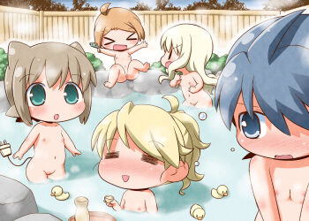 >_< 5girls =_= alcohol animal_ears bath black_eyes blonde_hair blue_eyes blue_hair blush brown_hair chibi cleft_of_venus embarrassed closed_eyes flat_chest gerotan green_eyes jumping long_hair multiple_girls navel nipples nude onsen open_mouth orange_hair original partially_submerged plug pussy rubber_duck sake short_hair smile spread_legs tail uncensored wading water white_hair |_|