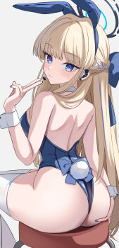 Rule 34 | 1girl, absurdres, animal ear hairband, animal ears, arched back, ass, back bow, bare arms, bare shoulders, black halo, blonde hair, blue archive, blue bow, blue hairband, blue halo, blue leotard, blue nails, blue streaks, blush, bow, braid, breasts, closed mouth, commentary, cowboy shot, detached collar, earrings, fake animal ears, fake tail, fingernails, from behind, grey background, hair bow, hairband, half up braid, halo, hand on own ass, hand up, headset, highres, jewelry, leotard, long hair, looking at viewer, looking back, medium breasts, multicolored hair, multicolored halo, nail polish, official alternate costume, on stool, playboy bunny, rabbit ear hairband, rabbit ears, rabbit tail, shoulder blades, simple background, sitting, smile, solo, stool, strapless, strapless leotard, streaked hair, stud earrings, tail, thighhighs, toki (blue archive), toki (bunny) (blue archive), touyu kamimori, two-tone halo, v, very long hair, white thighhighs, wrist cuffs