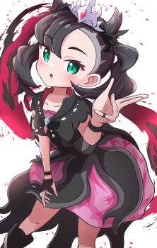 1girl :o absurdres asymmetrical_bangs black_boots black_bow black_bowtie black_dress black_hair blush boots bow bowtie breasts collarbone dress fingerless_gloves gloves green_eyes hair_ribbon half_gloves hand_up highres jewelry leaning_forward looking_at_viewer marnie_(champion)_(pokemon) marnie_(pokemon) nintendo official_alternate_costume official_alternate_hairstyle open_mouth pokemon pokemon_masters_ex ribbon ring rono_(lethys) simple_background single_half_glove small_breasts solo tiara twintails undercut wavy_hair white_background wristband