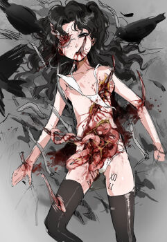 1girl amon_(lord_of_the_mysteries) animal bird black_eyes black_hair black_thighhighs bleeding blood blood_from_mouth blood_on_face body_writing bra breasts commentary crow cuts death deep_wound english_commentary entrails ero_guro feathers genderswap genderswap_(mtf) guro highres injury intestines kikinotamai long_hair lord_of_the_mysteries monocle nipples nude open_mouth organs panties parted_bangs small_breasts small_intestine solo teeth thighhighs twintails underwear white_bra white_panties