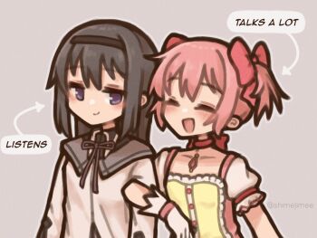2girls akemi_homura akemi_homura_(magical_girl) black_hair black_hairband closed_eyes closed_mouth commentary dress english_text film_grain gloves grey_background hairband highres kaname_madoka kaname_madoka_(magical_girl) locked_arms magical_girl mahou_shoujo_madoka_magica mahou_shoujo_madoka_magica_(anime) multiple_girls open_mouth pink_hair purple_eyes shimejimee shirt smile soul_gem speech_bubble white_gloves white_shirt yellow_dress yuri