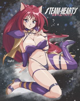 1990s_(style) 1girl absurdres animal_ears armor bare_shoulders bikini bikini_armor breasts cat_ears choker cleavage collarbone commentary danmakuman english_commentary facial_mark falandia_vality high_heels highleg highleg_bikini highres invisible_chair large_breasts long_hair looking_at_viewer navel purple_bikini purple_eyes red_hair retro_artstyle signature sitting solo star_(sky) starry_sky_background steam-heart's swimsuit wariza