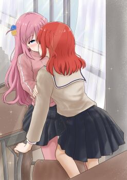 2girls black_skirt blue_eyes blush bocchi_the_rock! brown_shirt chair classroom cube_hair_ornament curtains desk gotoh_hitori hair_ornament half-closed_eyes hand_on_another&#039;s_arm highres jacket kiss kita_ikuyo long_hair multiple_girls on_desk pink_hair pink_jacket pink_track_suit red_hair sailor_collar school_chair school_desk school_uniform shirt shuka_high_school_uniform side_ahoge side_ponytail sitting skirt sweat track_suit white_sailor_collar yuki._(kitaiku4) yuri