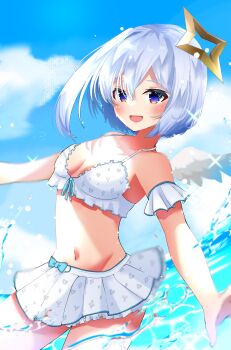 1girl absurdres amane_kanata bikini blue_eyes blue_sky cloud commentary frilled_bikini frills grey_hair halo highres hololive hololive_summer_2022_swimsuit midriff miniskirt navel pleated_skirt sakura_lili skirt sky solo stomach swimsuit virtual_youtuber water white_bikini white_skirt white_wings wings yellow_halo