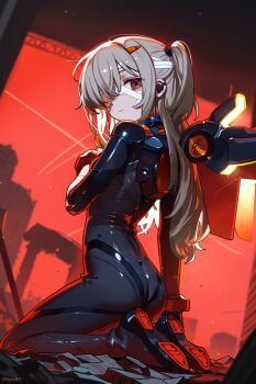 1girl absurdres ass bandaged_head bandages black_bodysuit black_shoes bodysuit breasts closed_mouth commentary english_commentary female_focus full_body grey_hair hair_over_one_eye hand_up hepari highres long_hair original red_eyes red_sky seiza shiny_clothes shoes sitting sky small_breasts solo