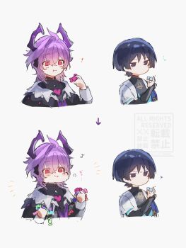 ! 2boys :t ? absurdres arrow_(symbol) black_bodysuit black_bridal_gauntlets black_eyes black_shirt black_sleeves blue_cape blue_sleeves blunt_ends blush bodysuit bridal_gauntlets candy cape cheek_bulge chest_jewel clenched_hand collar commentary cropped_torso dragon_boy dragon_horns food frown furrowed_brow gem genshin_impact hand_up heart-shaped_gem highres holding holding_candy holding_food horns japanese_clothes kimono layered_sleeves light_blush long_sleeves mini_durin_(genshin_impact) mini_durin_(human)_(genshin_impact) multiple_boys musical_note nero_hanken no_mouth notice_lines open_clothes open_kimono pink_gemstone pink_hair purple_horns purple_vest red_eyes scaramouche_(genshin_impact) sequential shirt short_sleeves sketch symbol-only_commentary tareme translation_request turtleneck turtleneck_bodysuit undershirt vest wanderer_(genshin_impact) watermark white_collar white_kimono white_sleeves wispy_bangs