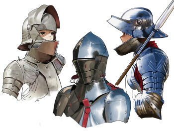 armor art_study breastplate brown_eyes commentary english_commentary full_armor helm helmet highres knight original over_shoulder pauldrons plate_armor polearm profile reflection rivets rondel shoulder_armor simple_background spear strap tbocart upper_body weapon weapon_over_shoulder white_background