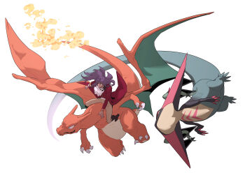 1boy absurdres ascot boots brown_footwear buttons charizard claws commentary_request dark-skinned_male dark_skin dragapult dreepy dynamax_band facial_hair fire flame-tipped_tail floating_hair gen_1_pokemon gen_8_pokemon highres holding holding_poke_ball korean_commentary leon_(pokemon) long_hair long_sleeves male_focus nintendo pants poke_ball pokemon pokemon_(creature) pokemon_swsh purple_hair redlhzz riding riding_pokemon simple_background tail tailcoat white_ascot white_background