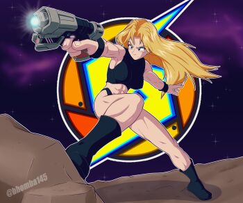 1girl abs ahoge aiming ankle_boots armpits artist_name bhomba145 biceps black_boots black_panties black_shirt black_wrist_cuffs blonde_hair blue_eyes boots breasts collarbone covered_erect_nipples curled_fingers determined directed-energy_weapon energy_gun female_focus fighting_stance finger_on_trigger fingernails floating_hair full_body gun hair_down hair_intakes highleg highleg_panties highres holding holding_gun holding_weapon knee_up large_breasts legs lips long_hair looking_ahead matching_underwear metroid midriff mole mole_under_mouth muscular muscular_female nintendo official_alternate_costume official_alternate_hairstyle open_hand outdoors outstretched_arms panties paralyzer parted_bangs ray_gun samus_aran science_fiction serious shirt sideboob sidelocks sleeveless space sports_bra spread_legs standing super_metroid thighs thong turtleneck turtleneck_shirt underwear underwear_only weapon wrist_cuffs