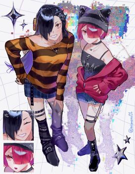 1boy 1girl animal_ear_headwear asymmetrical_legwear beanie black_choker black_hair blush boots breasts camisole choker denim denim_shorts denim_skirt fake_animal_ears full_body grin hair_ornament hair_over_one_eye hand_on_own_hip hat highres jacket jewelry long_hair long_sleeves looking_at_viewer mimano01 multiple_girls multiple_views natsuki_subaru natsumi_schwarz necklace off_shoulder open_mouth pink_hair ram_(re:zero) re:zero_kara_hajimeru_isekai_seikatsu red_eyes shirt short_hair shorts skirt smile striped_clothes striped_shirt thighhighs twitter_username zipper