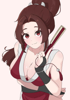 1girl absurdres arm_under_breasts breasts bridal_gauntlets brown_hair cleavage closed_mouth fatal_fury high_ponytail highres large_breasts long_hair looking_at_viewer ninja ponytail red_eyes shiranui_mai simple_background smile solo street_fighter street_fighter_6 suisei_manuka white_background