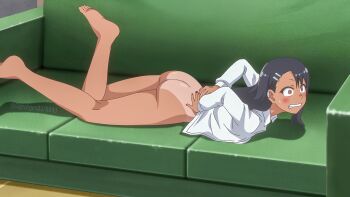 1girl absurdres ass barefoot black_hair brown_eyes couch georges85768996 grabbing_own_ass hair_ornament hairclip highres huge_filesize ijiranaide_nagatoro-san nagatoro_hayase no_panties on_couch presenting presenting_ass shirt tan tanline thighs white_shirt