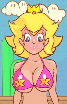 1girl 1other 20s animated animated_gif bare_shoulders bikini bikini_top_only blinking blonde_hair blue_eyes blue_sky bouncing bouncing_breasts breasts breathing_(animated) bullet_bill catoblepas_(artist) cleavage cloud coin collarbone crown eyebrows_hidden_by_hair female_focus flying hill large_breasts long_hair looping_animation mario_(series) nintendo outdoors parted_lips pink_bikini princess princess_peach print_bikini running shiny_clothes shiny_skin sky solo star_(symbol) star_print super_mario_bros._1 super_star_(mario) swimsuit upper_body