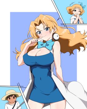 1boy ^^^ blonde_hair blue_dress bow bowtie breasts cleavage closed_mouth commentary_request commission covered_navel dress eyelashes floating_hair hand_up hands_up hat highres led_(pixiv190491) long_hair molly_hale multiple_views nintendo pixiv_commission pokemon pokemon_(anime) pokemon_(classic_anime) pokemon_3:_the_movie_-_spell_of_the_unown:_entei shirt short_dress strap sweatdrop t-shirt white_shirt