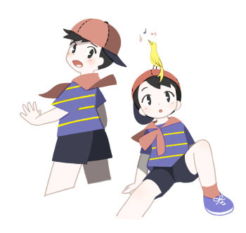 1boy animal animal_on_head backwards_hat baseball_cap bird bird_on_head commentary english_commentary hat highres male_focus mother_(series) mother_1 musical_note neckerchief ninten nintendo on_head open_mouth pac-man_eyes red_neckerchief red_socks shoes short_hair short_sleeves shorts simple_background socks tanba_(tanba-art) white_background