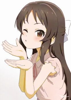 1girl ;o aayh bare_arms blush bow brown_background brown_eyes brown_hair brown_shirt collared_shirt commentary_request gradient_background hair_bow hands_up idolmaster idolmaster_cinderella_girls long_hair looking_at_viewer neck_ribbon one_eye_closed parted_lips pink_ribbon ribbon shirt sleeveless sleeveless_shirt solo tachibana_arisu upper_body very_long_hair white_background white_bow