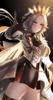 absurdres ahoge animal_ears ascot black_ascot black_gloves black_skirt blush breasts coat commentary_request ear_covers ear_ornament gem gloves green_gem highres horse_ears horse_girl jacket long_hair long_sleeves looking_at_viewer multicolored_hair orange_hair orfevre_(control)_(umamusume) orfevre_(umamusume) parted_lips purple_eyes purple_gem reaching reaching_towards_viewer red_gem shirt single_ear_cover skirt smile thighhighs thighs two-tone_hair umamusume white_coat white_hair yellow_gem yume_30_31