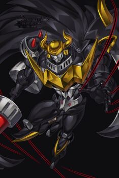 Rule 34 | armor, black armor, black cape, black helmet, cape, confeito000 333, darkknightmon, digimon, digimon (creature), double-sided polearm, full body, helmet, holding, holding polearm, holding weapon, knight, polearm, solo, weapon, yellow eyes