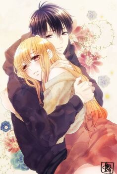 1boy 1girl antenna_hair black_hair black_hoodie blonde_hair brown_eyes flower hachiya_nanao hetero hood hoodie hug off_shoulder otouto_wa_midarana_yajuu parted_lips plant polka_dot polka_dot_shirt red_eyes red_skirt rose shirt signature sitting skirt smile vines