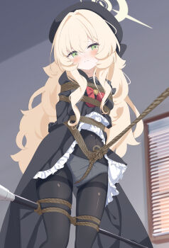 1girl absurdres arms_behind_back bdsm belly beret black_bow black_bowtie black_gloves black_hat black_jacket black_pantyhose black_sailor_collar black_serafuku black_shirt black_skirt blonde_hair blue_archive blush bondage bound bound_arms bound_legs bound_torso bow bowtie breasts clenched_hand clothes_lift collarbone collared_shirt commission crotch_rope crying crying_with_eyes_open embarrassed female_focus gloves green_eyes halo hamuta_(machosbrown) hat highres indoors jacket kinbaku layered_skirt legs loli long_hair long_sleeves looking_ahead looking_at_another looking_to_the_side navel neckerchief panties panties_under_pantyhose pantyhose professor_niyaniya_(blue_archive) red_ribbon ribbon rope_walking sailor_collar school_uniform serafuku shibari shibari_over_clothes shirt skeb_commission skin_tight skindentation skirt skirt_lift small_breasts solo spreader_bar standing tearing_up tears thighs underwear variant_set very_long_hair window yellow_halo