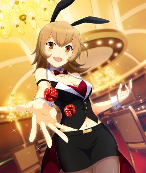 1girl :d animal_ears armband bare_shoulders black_armband black_skirt black_vest bow bowtie breasts brown_hair brown_pantyhose casino chair chandelier cleavage coattails collarbone cowboy_shot detached_collar dice dot_nose double-parted_bangs dutch_angle fake_animal_ears game_cg hand_up indoors large_breasts looking_at_viewer medium_hair midriff navel official_art open_mouth orange_eyes outstretched_arm pantyhose pencil_skirt rabbit_ears red_bow red_bowtie red_pupils shimoishii_chika skirt smile solo sparkle table tailcoat third-party_source throwing toji_no_miko toji_no_miko:_kizamishi_issen_no_tomoshibi vest white_wrist_cuffs wrist_cuffs