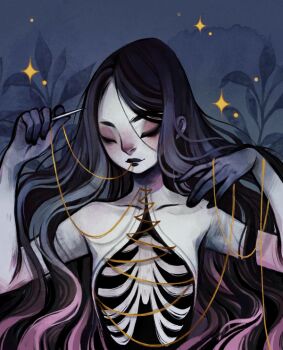 1girl animated animated_gif black_hair black_lips blinking blush bone colored_skin eyeshadow feefal guro lipstick long_hair makeup needle nose_blush original plant ribs sewing_needle smile solo sparkle thread very_long_hair white_skin