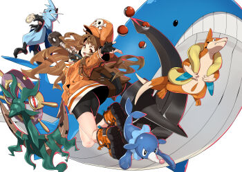 absurdres anchor ass bike_shorts black_gloves boots brown_eyes brown_hair crossover dewott dhelmise fingernails floatzel gen_3_pokemon gen_4_pokemon gen_5_pokemon gen_7_pokemon gloves guilty_gear guilty_gear_strive hat highres holding holding_anchor hood hoodie long_hair long_sleeves makai may_(guilty_gear) nintendo orange_boots orange_headwear orange_hoodie poke_ball pokemon pokemon_(creature) popplio skull_and_crossbones very_long_hair wailord whiskers
