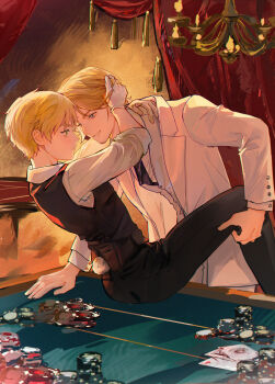 2boys absurdres axis_powers_hetalia blonde_hair blue_eyes blush casino_card_table chinese_commentary commentary_request cubed_(houkuaid) facial_hair formal_clothes france_(hetalia) gloves goatee_stubble green_eyes highres indoors jacket long_sleeves male_focus multiple_boys necktie open_mouth pants poker_chip shirt short_hair sitting smile stubble suit table thick_eyebrows united_kingdom_(hetalia) vest yaoi