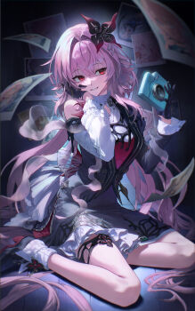 1girl absurdres black_boots black_dress black_gloves boots camera commentary dress evernight_(honkai:_star_rail) floating_hair gloves hair_between_eyes hair_ornament hairclip half_gloves hand_on_own_face highres holding holding_camera honkai:_star_rail honkai_(series) long_hair long_sleeves march_7th_(honkai:_star_rail) march_7th_(preservation)_(honkai:_star_rail) modatan official_alternate_costume official_alternate_eye_color official_alternate_hair_length official_alternate_hairstyle parallel_hairclips parted_lips photo_(object) pink_hair red_eyes single_bare_shoulder sitting smile solo thigh_strap very_long_hair yokozuwari