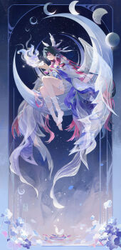 1girl absurdres black_hair card chinese_commentary closed_eyes closed_mouth columbina_(genshin_impact) commentary_request crescent crescent_hair_ornament crescent_moon cupping_hands dress eyepatch feathers field flower flower_field gauze genshin_impact grey_hair guaishengyin hair_ornament hair_tie highres holding_moon laughing long_hair luonnotar_(genshin_impact) moon moonlight multiple_girls night no_shoes own_hands_together pink_hair purple_dress purple_hair see-through_clothes see-through_dress shadow sitting sky smile solo star_(sky) tachi-e thigh_strap very_long_hair water white_dress