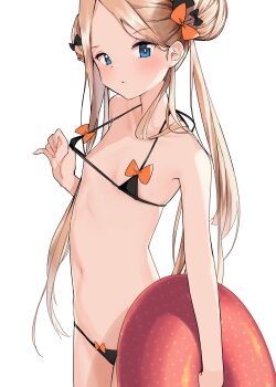 1girl abigail_williams_(fate) absurdres bikini bikini_pull black_bikini blonde_hair blue_eyes blush bow bow_panties clothes_pull fate/grand_order fate_(series) flat_chest highres loli micro_bikini pakaru panties simple_background solo swimsuit underwear white_background