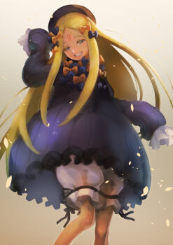 1girl abigail_williams_(fate) abigail_williams_(first_ascension)_(fate) black_bow black_dress black_hat blonde_hair bloomers blue_eyes bow breasts commentary_request dress fate/grand_order fate_(series) forehead gajumaru09 grin hair_bow hat highres long_hair long_sleeves looking_at_viewer orange_bow parted_bangs ribbed_dress sleeves_past_fingers sleeves_past_wrists small_breasts smile solo underwear white_bloomers