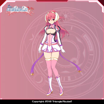 1girl boots breasts cleavage cleavage_cutout clothing_cutout copyright_name en_ciel_rena en_ciel_rena_(sin) full_body gloves knee_boots kourin_tenshi_en_ciel_rena long_hair looking_at_viewer medium_breasts official_art pink_background pink_eyes pink_hair pink_theme pink_thighhighs ponytail red_eyes red_hair saitou_natsuki skirt smile solo standing suhamaya thighhighs tomoe_rena zettai_ryouiki