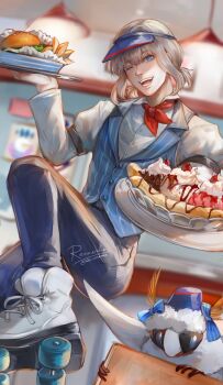 Rule 34 | 1boy, absurdres, banana split, black pants, blanca (fate), blue eyes, blue vest, blurry, blurry background, burger, cherry, commentary, english commentary, fate/grand order, fate (series), food, foot out of frame, fruit, grey hair, highres, ice cream, long sleeves, male focus, neckerchief, oberon (fate), one eye closed, open mouth, pants, red neckerchief, renrenka noi, roller skates, shirt, short hair, skates, solo, vest, visor cap, white shirt