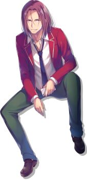 1boy absurdres advanced_nurturing_high_school_uniform black_necktie blazer brown_shoes cellphone collared_shirt green_pants grin highres holding holding_phone invisible_chair jacket loafers long_sleeves male_focus medium_hair necktie official_art open_clothes open_jacket pants phone red_eyes red_hair red_jacket ryuuen_kakeru school_uniform shirt shoes simple_background sitting smartphone smile solo tomose_shunsaku transparent_background white_shirt youkoso_jitsuryoku_shijou_shugi_no_kyoushitsu_e