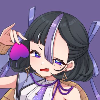 1girl arm_up asymmetrical_bangs black_hair chiji_komari detached_sleeves earrings fang goddess_of_victory:_nikke hair_ribbon heart holding jacket jacket_partially_removed jewelry looking_at_viewer mole mole_under_eye multicolored_hair necktie open_mouth portrait purple_background purple_eyes purple_hair purple_jacket purple_necktie purple_ribbon purple_rope ribbon rope shirt short_hair short_necktie solo streaked_hair syuen_(nikke) triangle_earrings two-sided_fabric two-sided_jacket white_hair white_jacket white_shirt