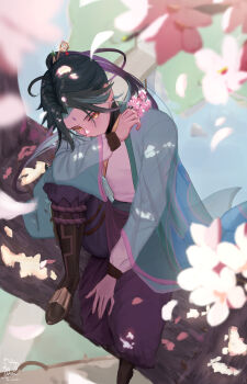 1boy absurdres alternate_hairstyle black_hair facial_mark flower forehead_mark genshin_impact gloves green_hair highres holding holding_flower in_tree jewelry leg_up long_hair male_focus multicolored_hair multiple_boys sazanami_(re_n_rentaro) see-through_clothes sitting sitting_in_tree solo tree xiao_(genshin_impact) yellow_eyes