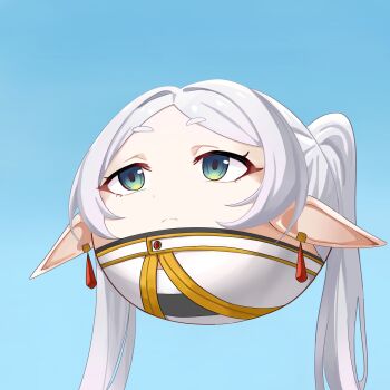 1girl ball blue_background closed_mouth commentary danndaff ear_piercing english_commentary frieren green_eyes grey_hair highres long_hair piercing pointy_ears simple_background solo sousou_no_frieren thick_eyebrows twintails what