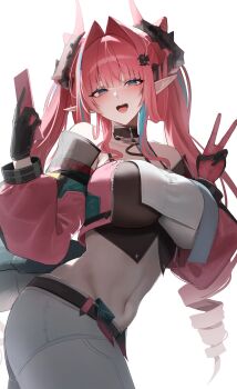 1girl absurdres aqua_streaks arknights arknights:_endfield bare_shoulders black_gloves breasts cellphone commentary cone_hair_bun cowboy_shot crop_top double_bun dragon_girl dragon_horns drill_hair flip_phone from_side gloves green_eyes hair_bun hair_intakes hair_on_horn hana_hebi highres holding holding_phone horns large_breasts linea_alba long_sleeves looking_at_viewer looking_to_the_side midriff multicolored_hair navel open_mouth pants phone pink_gloves pink_hair pink_sleeves pointy_ears puffy_long_sleeves puffy_sleeves solo strapless streaked_hair tail tube_top two-sided_gloves two-tone_hair v white_pants yvonne_(arknights) zipper